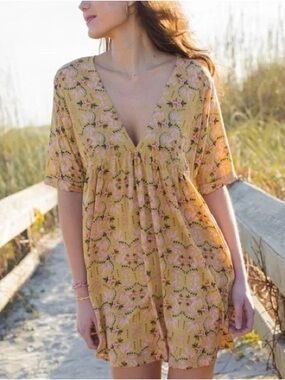 Natural Life Women’s Stella Mini Dress Green Floral V-neck Rayon Size M